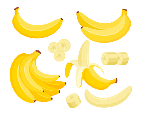 Yellow banana colorful flat vector illustrations set. Exotic, tropical fruit isolated on white background. Peeled and sliced ??and whole banana. Fresh vegetarian healthy food with vitamins