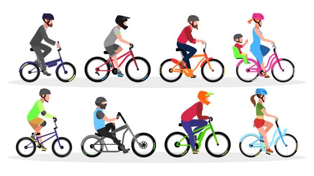 Big set with bicycles of different types and colors with cyclists in helmets Big set with different types and colors of bicycles with cyclists in helmets folding, bmx, cruiser, road, freestyle trick, city, urban, mountain, touring. Vector collection isolated on white. red white blue bike stock illustrations