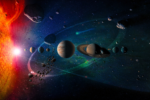 Planetas del sistema solar en una fila, lluvia de asteroides, cometa, sol, polvo y estrella. Anillo de luz luminosa gigante. Formación en ciencias y educación. Elementos de esta imagen amueblada por la NASA. photo