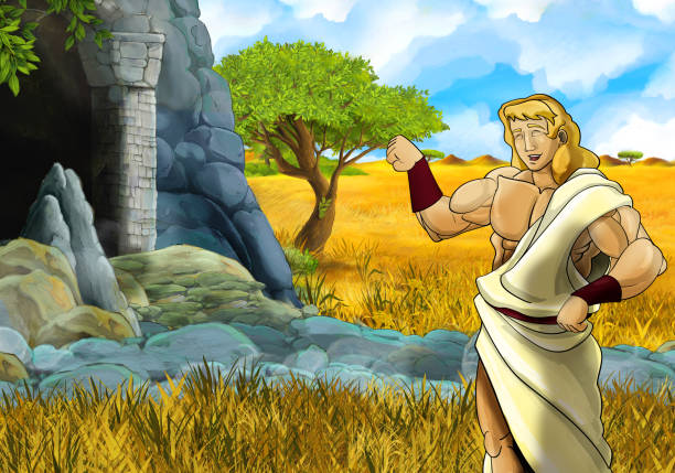 cartoon safari scene with greek or roman character philosopher or warrior discovering the cave cartoon safari scene with greek or roman character philosopher or warrior discovering the cave - illustration for children famous archer stock illustrations
