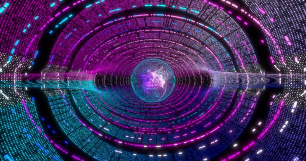 istock Neon Circle background with data tunnel. Fluorescent Ultraviolet lights . Virtual reality future design 3d render. Technology design. 3D illustration 1198100334