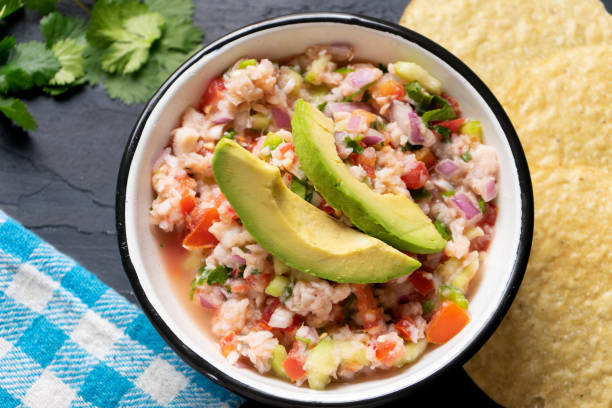 istock Mexican fish  ceviche with avocado on dark background 1198101518