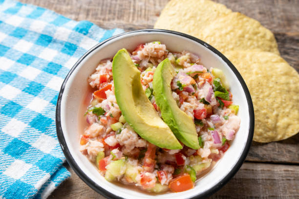 istock Mexican fish  ceviche with avocado on wooden background 1198101678