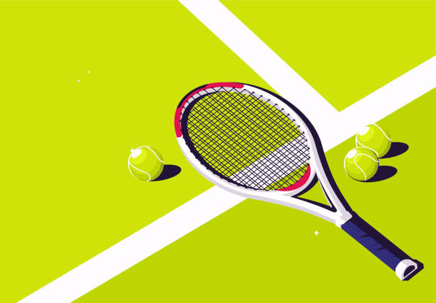 ilustraciones, imágenes clip art, dibujos animados e iconos de stock de ilustración vectorial de una raqueta de tenis con pelotas en la superficie de una cancha de tenis verde, vista superior, al estilo de la isometría - tennis court vector tennis racket