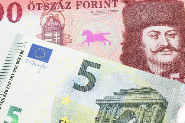 A close up image of Hungarian money with European money stock photo