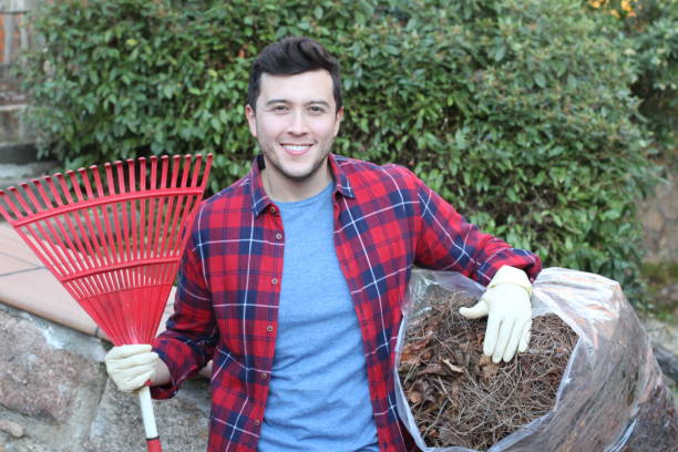 Gardener cleaning with a manual rake