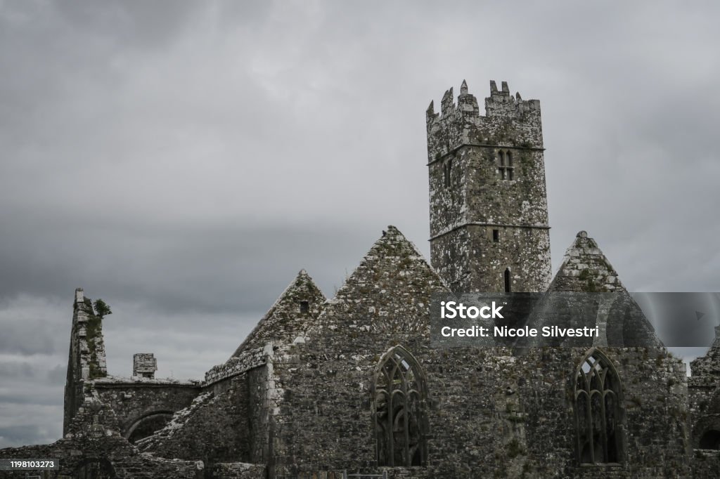 Ross Abbey in Ireland on an abandond place Beautiful scenery on a spooky and mystical fort Abandoned Stock Photo