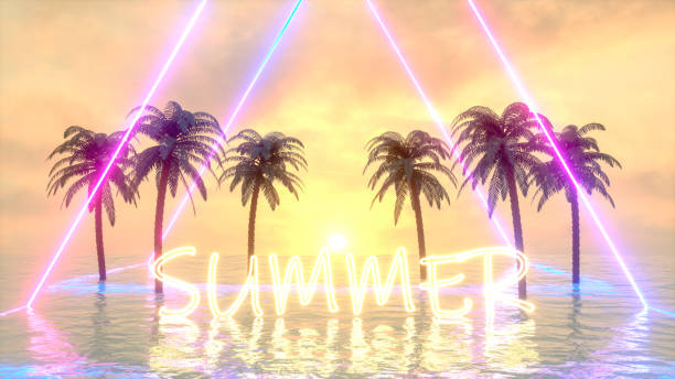 istock Summer Neon Lights with Palm Trees on the Sea 1198104018
