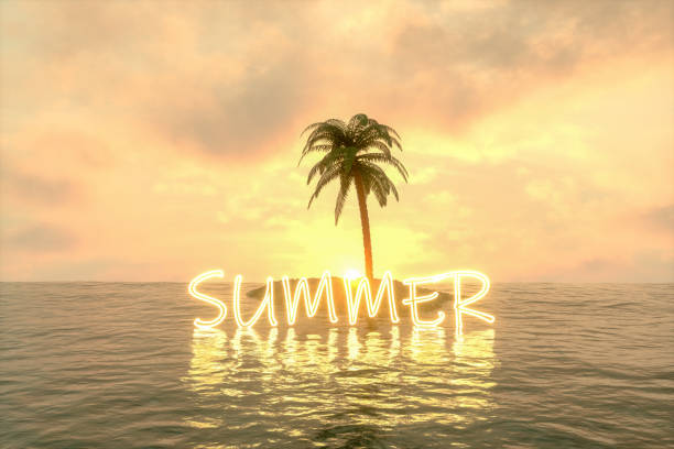 3d rendering of palm trees on the sea with neon lights. Summer, travel destinations concept.