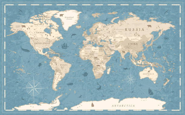 mapa świata vintage old-style - wektor - niebieski i beżowy - mapy vintage stock illustrations