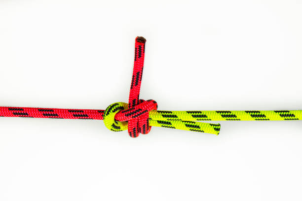 istock Double Sheet, becket bend or weaver's hitch binding two colored red and green ropes. knot use for joining lines of different diameter or rigidity. Isolated on white background 1198106701