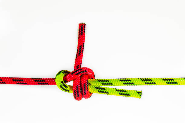 istock Double Sheet, becket bend or weaver's hitch binding two colored red and green ropes. knot use for joining lines of different diameter or rigidity. Isolated on white background 1198106711