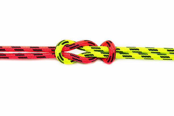 istock Reef, Hercules, square, double or brother hood Binding knot binding two colored red and green ropes. nautical loop used to secure rope or fishing line around an object. Isolated on white background 1198106720