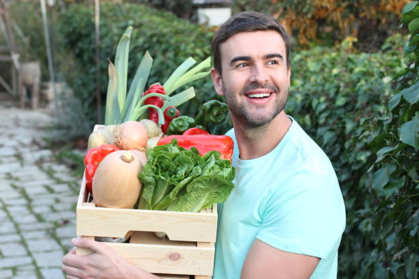 istock Cute guy holding basket with natural food 1198106845
