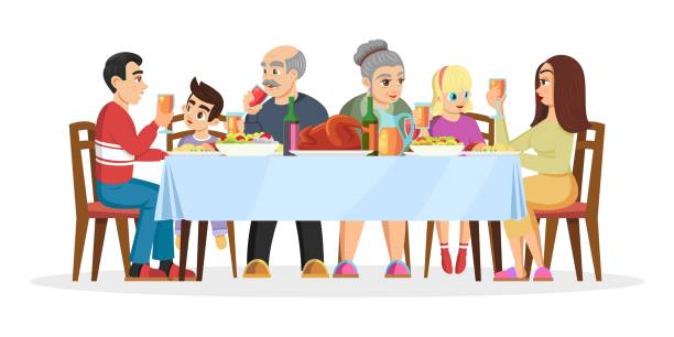 Big happy united family celebrating Christmas, Thanksgiving day or birthday at home Big happy united family celebrating Christmas, Thanksgiving day or birthday at home. Continuity of generations is at same table. Relatives. Vector cartoon illustration isolated on white background. big family table stock illustrations