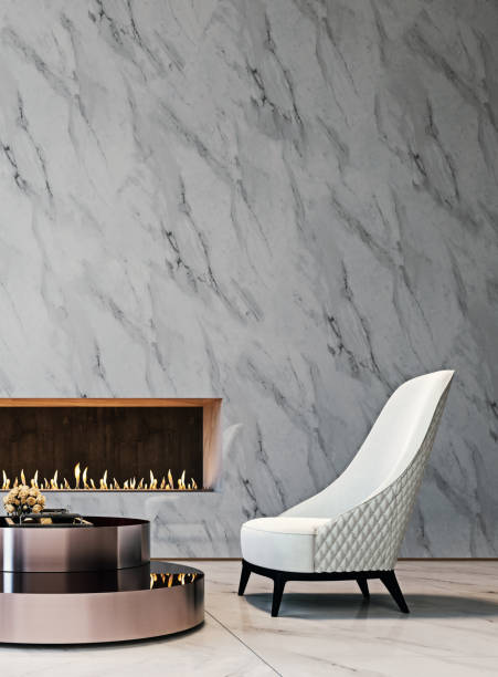 istock Luxury white marble mock-up wall with tufted white armchairs, brushed metal coffee table and modern built-in fireplace, living room, 3d render, 3d illustration 1198111367