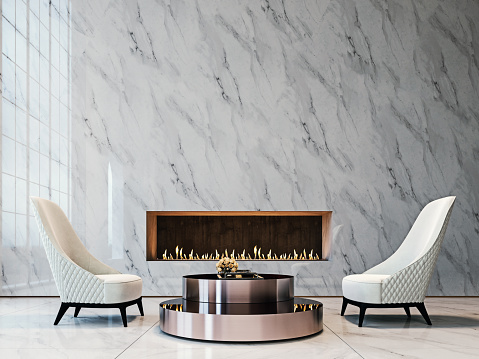 Luxury white marble mock-up wall with tufted white armchairs, brushed metal coffee table and modern built-in fireplace, living room, 3d render, 3d illustration