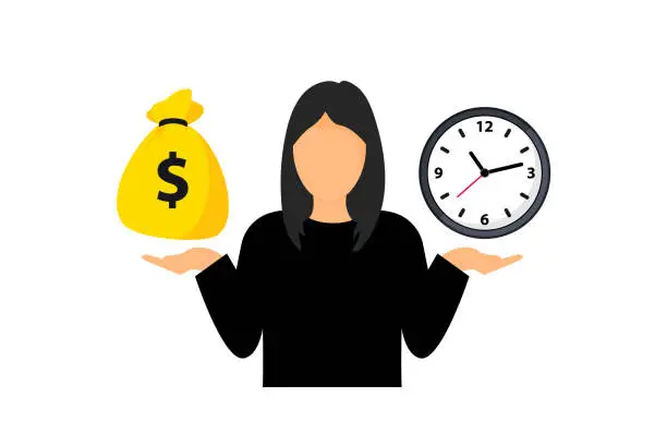 Vector illustration of Woman balance time and money. Time is money concept. Making decisions between money and clock