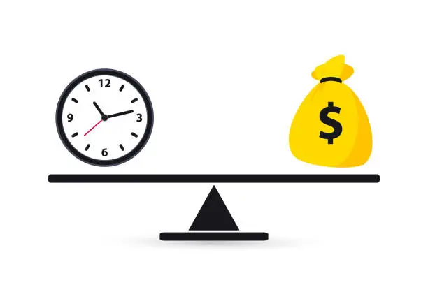 Vector illustration of Time is money. Scale weighing money and time. Money and Time balance on the scale. Business Concept. Clock and money bag on scales