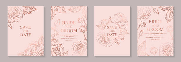 Set of luxury floral wedding invitation design or greeting card templates. Set of four cards with rose gold flowers on a pink background. thank-you-gold-greeting-card stock illustrations