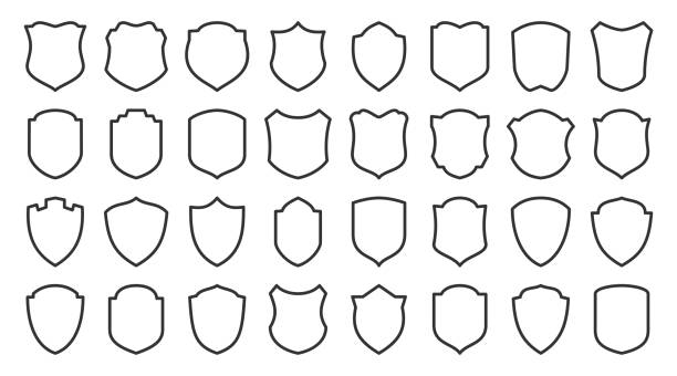 ilustraciones, imágenes clip art, dibujos animados e iconos de stock de defensa de seguridad de escudo proteger conjunto de iconos de línea vectorial - shield shape sign design element