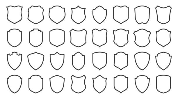 Shield safety defense protect vector line icon set Shields line icons set. Security symbol. Coat arms linear icon. Safety, defense, protection outline signs for emblem, logo, badge. Privacy protect contour sign design. Isolated vector illustration badge stock illustrations