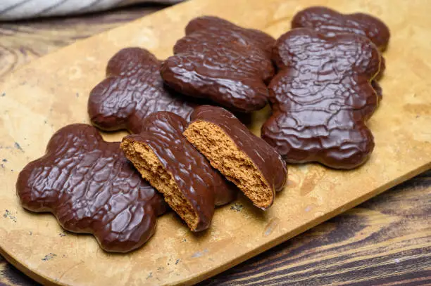 Tasty gingerbread glazed cookies from Torun, Poland close up