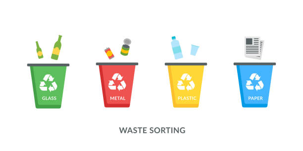 ilustraciones, imágenes clip art, dibujos animados e iconos de stock de papeleras de reciclaje para iconos vectoriales de plástico, papel, vidrio y metal en estilo plano - bottle plastic label green