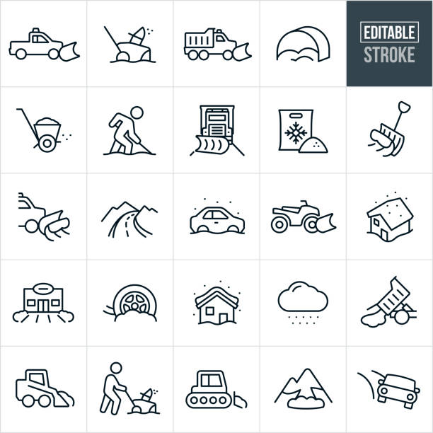 Snow Removal Thin Line Icons - Editable Stroke A set of snow removal icons that include editable strokes or outlines using the EPS vector file. The icons include a truck with snow plow, snowblower, snowplow, ice salt, ice salt spreader, person shoveling snow, snow shovel, mountain road, car stuck in snow, ATV with snow plow, blizzard, business with pushed snow, snow removal service, snow storm, snow removal, snow cat, person using a snowblower, avalanche and black ice to name a few. snow plow stock illustrations