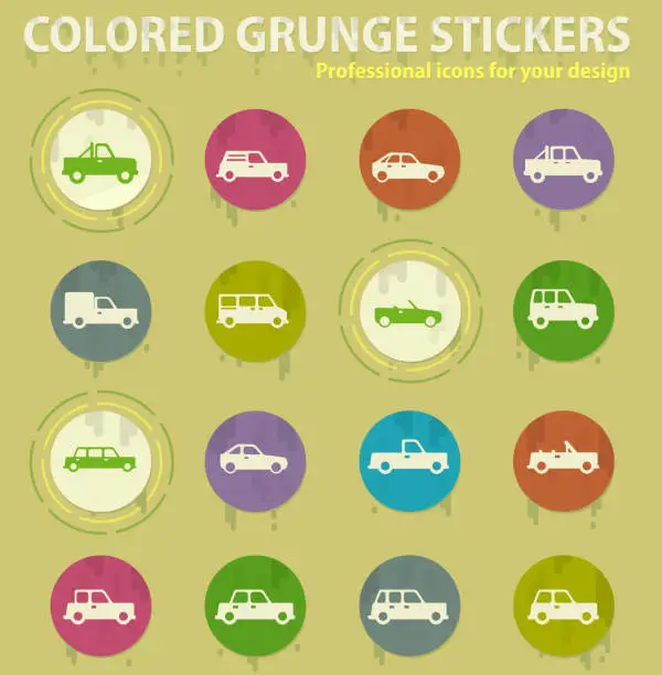Vector illustration of Cars colored grunge icons