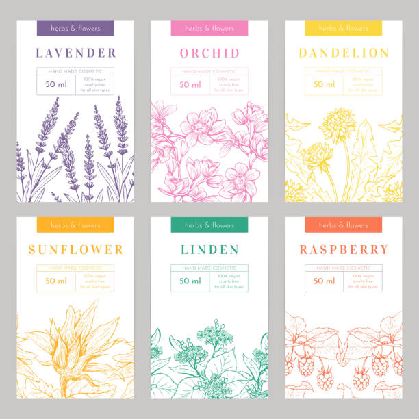 Handmade organic products vector packaging templates set Hand made products hand drawn vector packaging templates set. Herbal cosmetics, natural beauty product branding, identity design. Eco skincare with linden, sunflower, lavender organic ingredients wildflower drawing stock illustrations