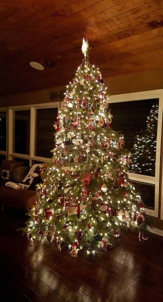 istock Stunning Christmas Tree Lit Up in a Lodge Style Home 1198127562