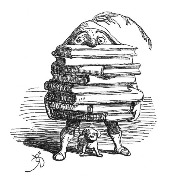 British satire comic cartoon caricatures illustrations - small man holding a large stack of books with his nose on top From Punch's Almanack punch puppet stock illustrations