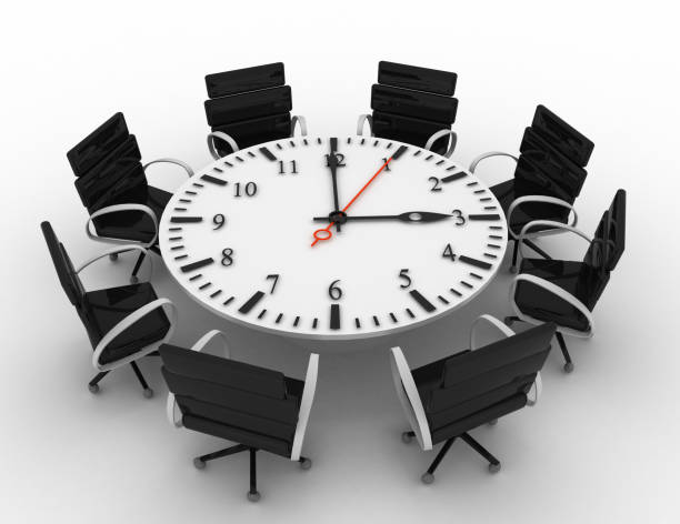 istock Circle table as clock and armchairs. 3d businss concept 1198137369