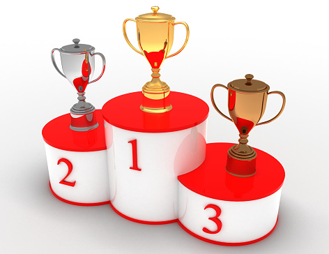 3d winners pedestal with cups. success concept