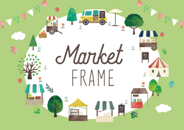 illustrazioni stock, clip art, cartoni animati e icone di tendenza di quadro di mercato 2 - outdoors market
