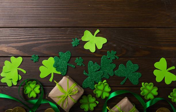 Happy st. Patrick's day. Card with lucky clover.  Irish festival symbol.  concept background with gift. Copy space. stock photo