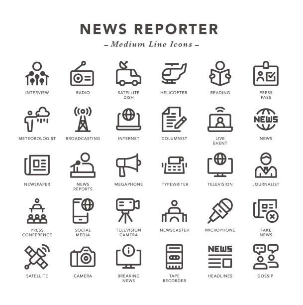 nachrichtenreporter - medium line icons - medienberuf stock-grafiken, -clipart, -cartoons und -symbole