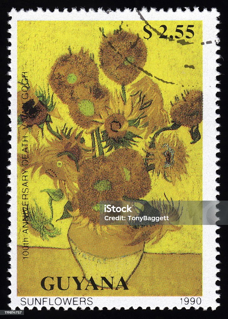 Guyana postage stamp Sunflowers By Vincent Van Gogh Guyana postage stamp sheet, showing an image of the painting Sunflowers by the famous Dutch post impressionist painter Vincent van Gogh Vincent Van Gogh - Painter stock illustration