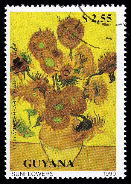 Guyana postage stamp Sunflowers By Vincent Van Gogh Guyana postage stamp sheet, showing an image of the painting Sunflowers by the famous Dutch post impressionist painter Vincent van Gogh vincent van gogh painter photos stock illustrations
