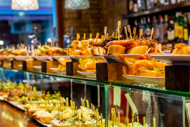 Spanish tapas. Restaurant counter full of different tapas in Barcelona. spanish culture photos stock pictures, royalty-free photos & images