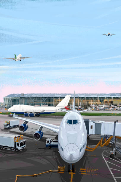 ilustraciones, imágenes clip art, dibujos animados e iconos de stock de vista frontal del avión aterrizado - landed airplane travel commercial airplane