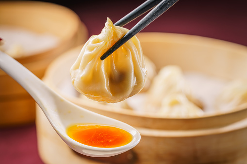 close up Har gow in steamer. traditional Cantonese dumpling dim sum