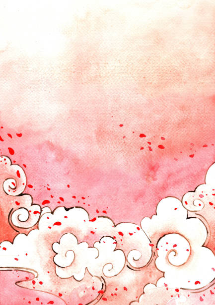 중국 설날과 발렌타인 데이장식을 위한 꽃잎 빨간 장미 수채화 손 그림이 있는 핑크 구름과 낭만적인 하늘. - peach dark peaches backgrounds stock illustrations