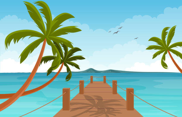 istock Vacation in Tropical Beach Sea Palm Tree Summer Landscape Illustration 1198157933