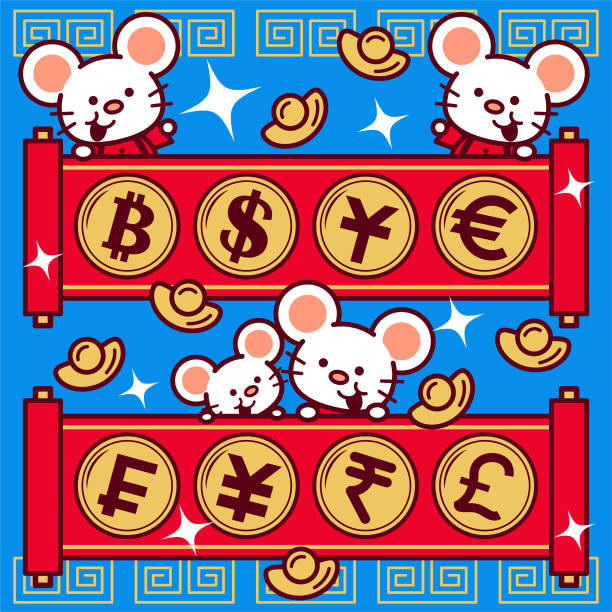 illustrations, cliparts, dessins animés et icônes de souris mignonne avec le défilement de papier et le symbole de devise du dollar euro yuan yen livre de dollar franc bitcoin signe, année du rat heureux nouvel an chinois - swiss francs illustrations