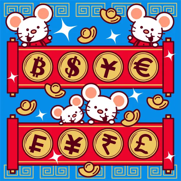Vector illustration of Cute mouse with paper scroll and currency symbol of dollar euro yuan yen pound rupee franc bitcoin sign, Year Of The Rat Happy Chinese New Year