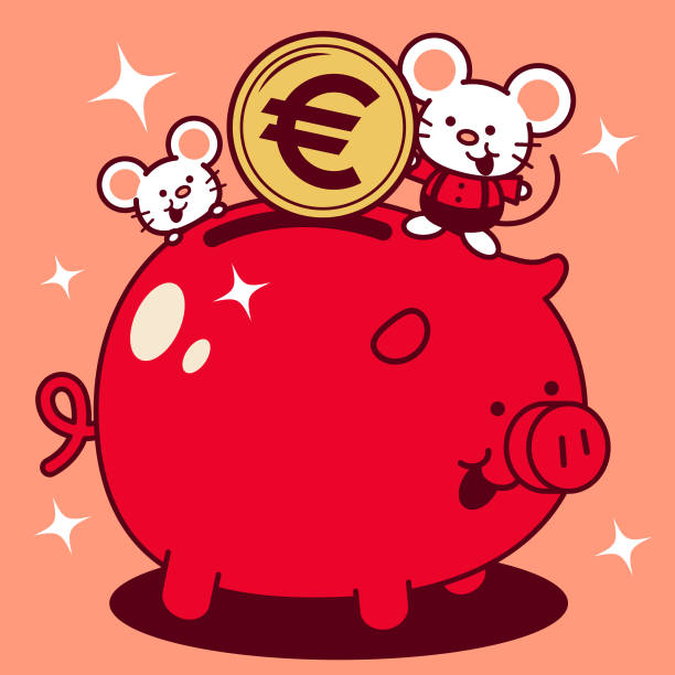 ilustrações de stock, clip art, desenhos animados e ícones de cute mouse putting a large euro sign coin (european union currency) into a piggy bank year of the rat happy chinese new year - coin euro symbol european union currency gold