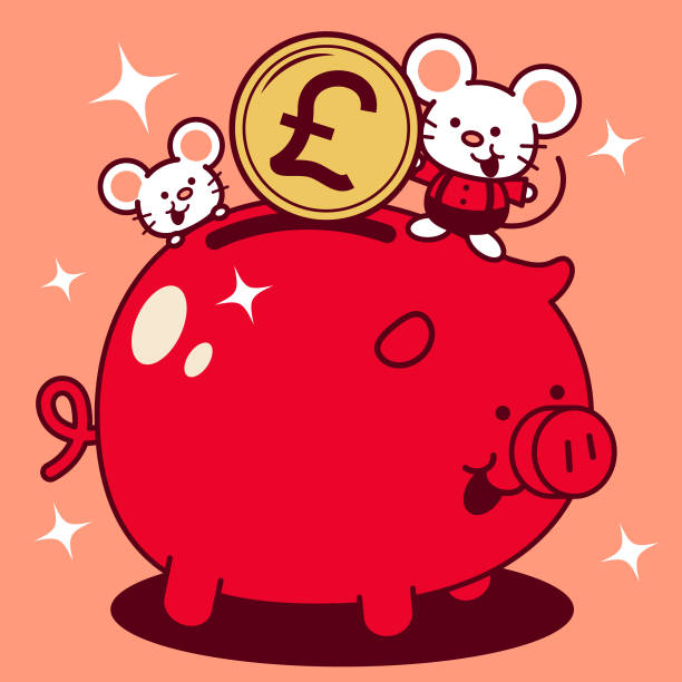 illustrazioni stock, clip art, cartoni animati e icone di tendenza di topo carino che mette una grande moneta di segno di sterlina (valuta britannica) in un salvadanaio anno del topo felice anno cinese - pound symbol red british currency symbol