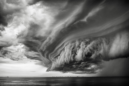 A monstrous super cell storm cloud making land fall in Redcliffe Queensland.